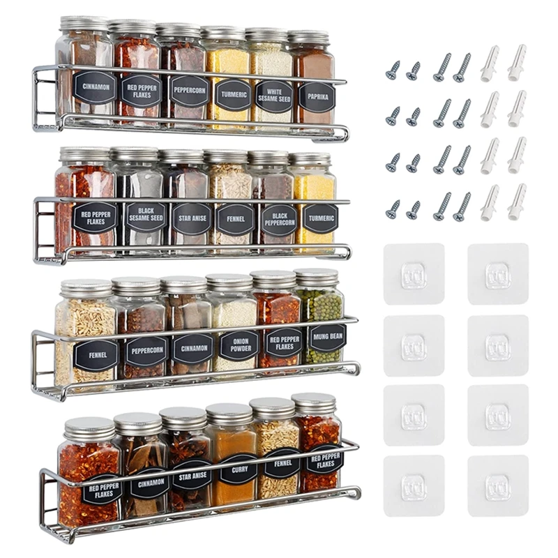 4PCS Wall Mount Spice Rack Kitchen Organizer Storage Racks Space Saving Metal Seasoning Racks Cabinet Door Spice Jar Cosina