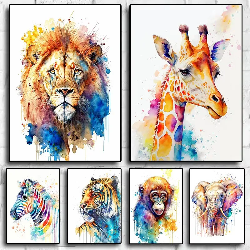 

Colorful Animal Painting Poster Watercolor Kitten Lion Tiger Horse Modern Canvas Wall Picture For Living Room Bedroom Home Decor