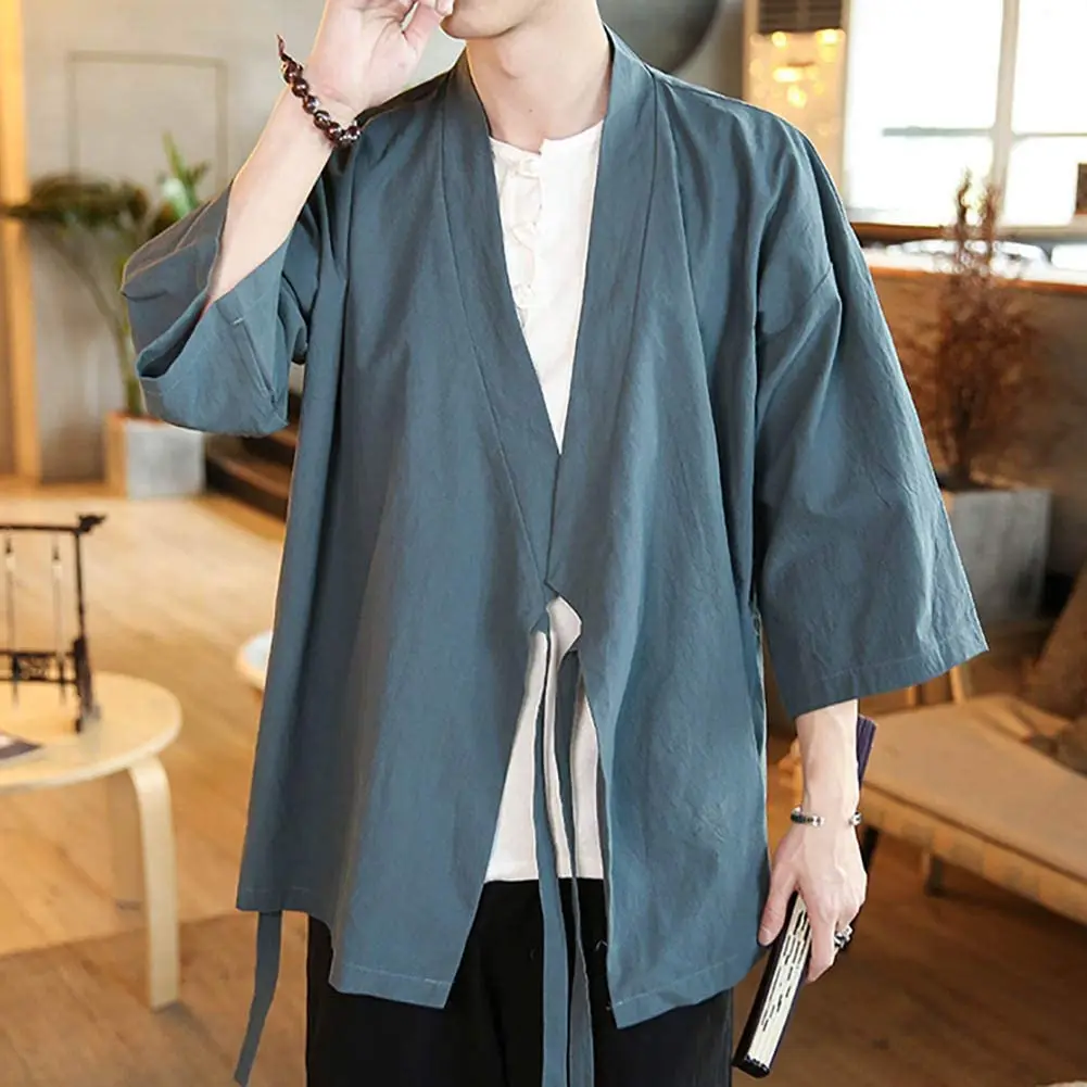 Men\'s Chinese Style Linen Cardigan Jacket Loose Kimono Jacket Solid Color Self-tie Hanfu Traditional Clothing 5XL