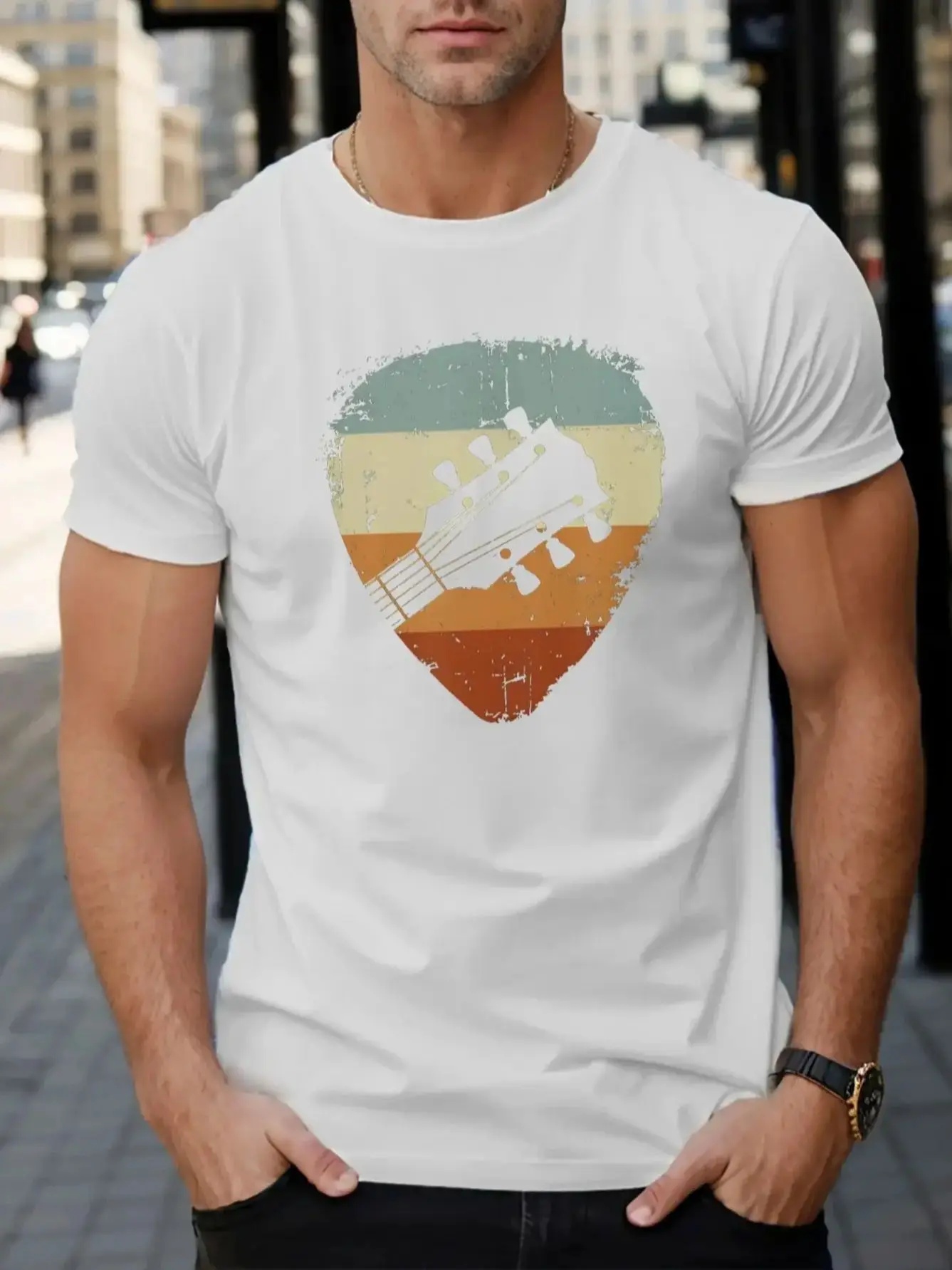 T-shirt à manches courtes et col rond pour hommes, 100% pur coton, à la mode, décontracté, ample, rétro, motif de guitare imprimé, été