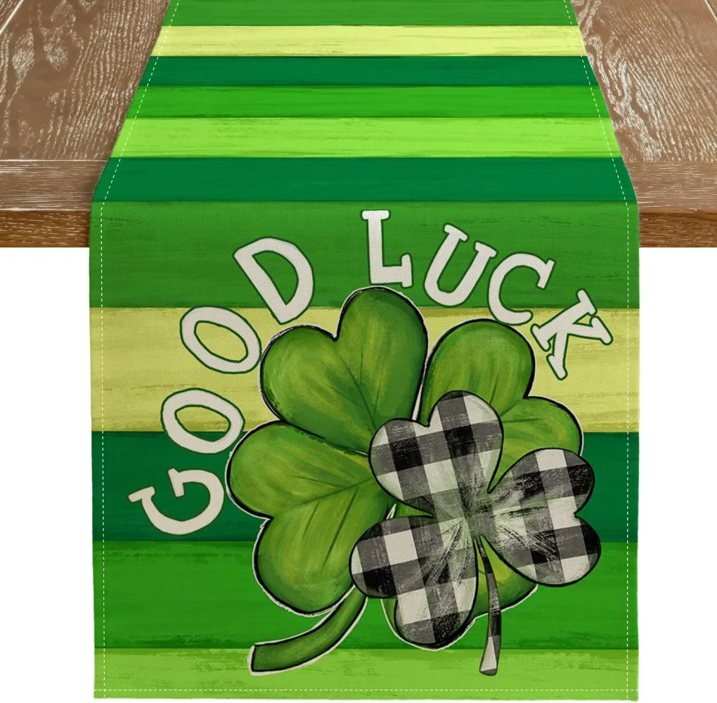 St Patricks Day Table Runner Shamrock Lucky Bow Spring Seasonal Farmhouse Buffalo Plaid Burlap Indoor Kitchen Table Decorations