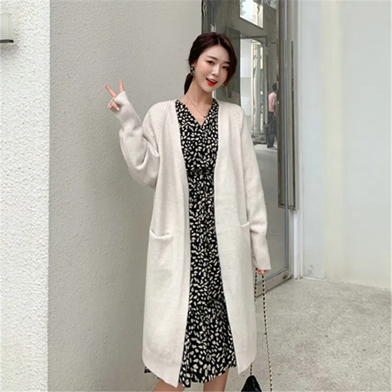 

Spring Autumn New Fashion V-neck Button Front Comfortable Casual Out Loose Long Women's Knitted Sweater Cardigan Korean Style