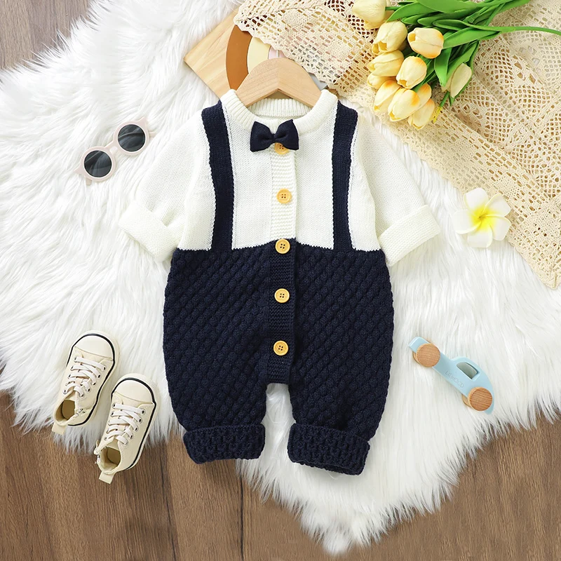 

PatPat Baby Boy Knitted School Sweater Jumpsuit with Long Legs and High-Quality Fabric Stitching