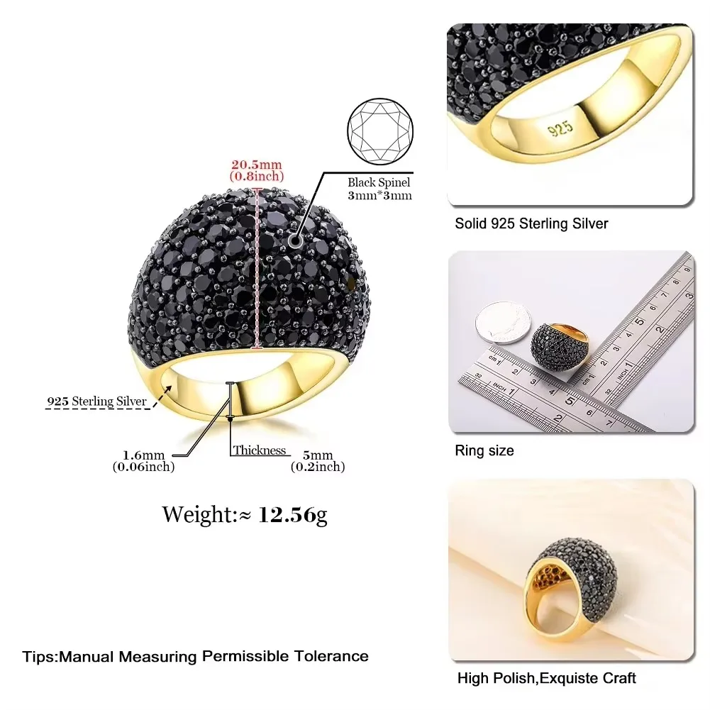 GZ ZONGFA 925 Sterling Silve Rings for Women 5.2ct Natural Black Spinel Gold Plated Half Eternity Wedding Rings Fine Jewelry