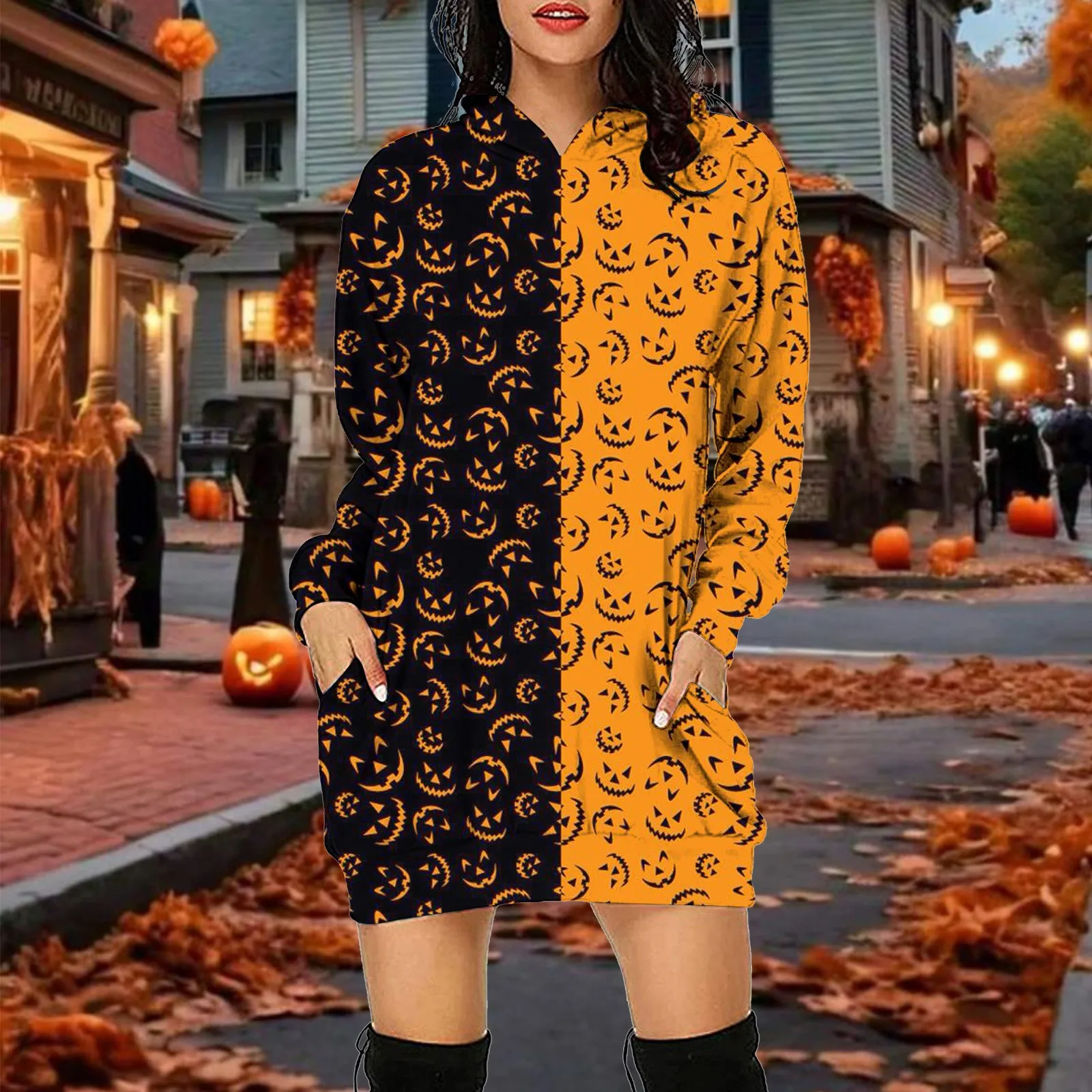 Halloween Hooded Dress for Women Fashion Casual Long Sleeve Patchwork Print Hoodie Pullover Dress Pocket Party Midi Dress