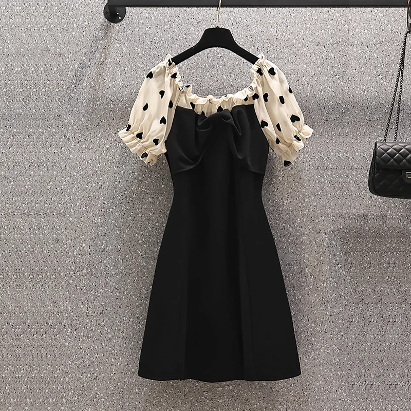 Summer Black Patchowrk Polka Dot Puff Sleeve Ruffled Slash Neck Sexy Club Mini Dress 2024 New Women Korean Elegant Hepburn Dress