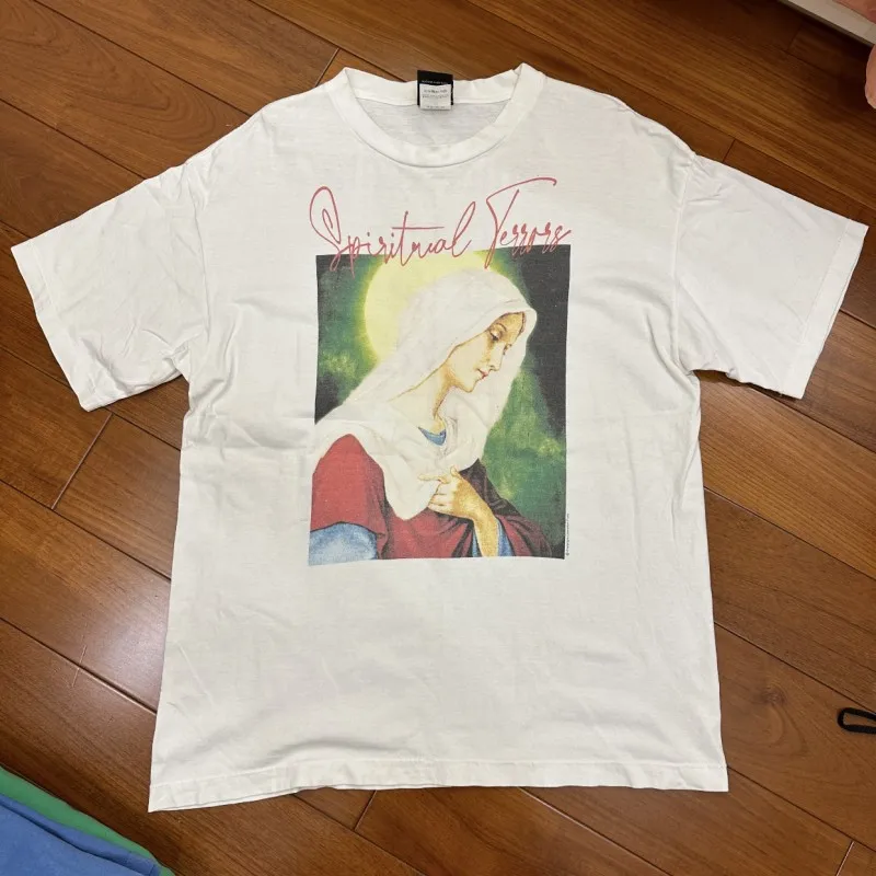 Vinatge Saint Tshirts White Prayer Women Pattern Red Signature Casual Streetwear Round Neck Short Sleeve Loose Outfit Men Tops