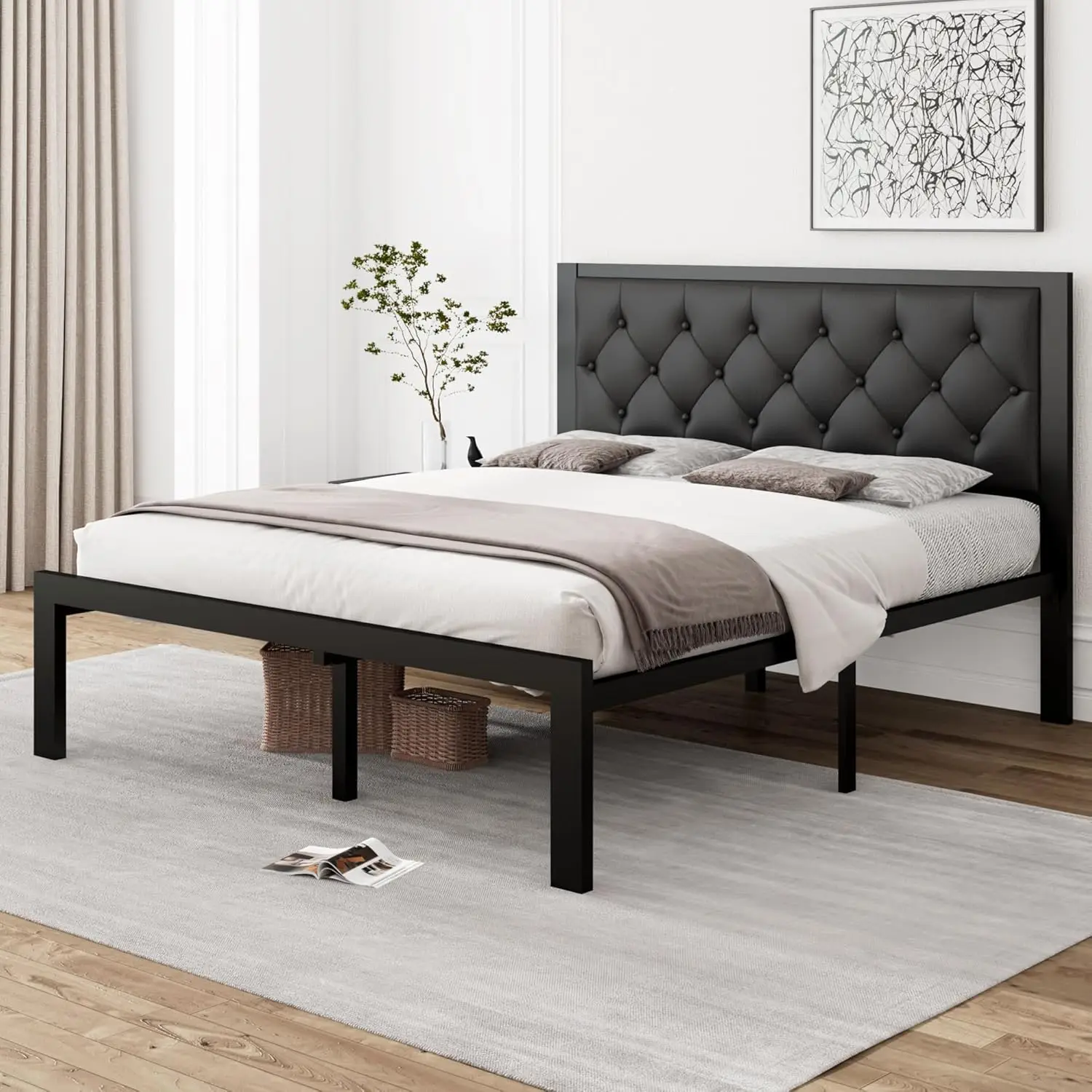 Queen metalen bedframe, kunstleer platformbedframe met getufte hoofdeinde met knopen, 30 cm ruimte, stalen latten Sup