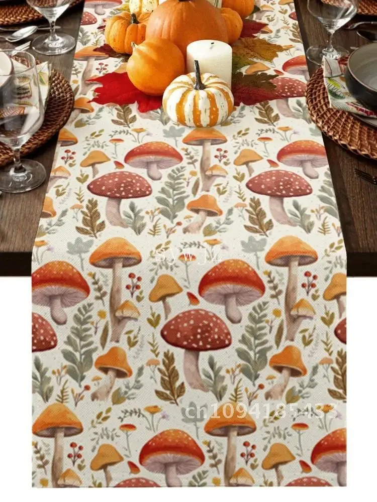 Autumn Mushrooms Plants Leaves Retro Table Runner Cotton Linen Wedding Dinner Decor Table Flag Holiday Home Tea Table Decoration