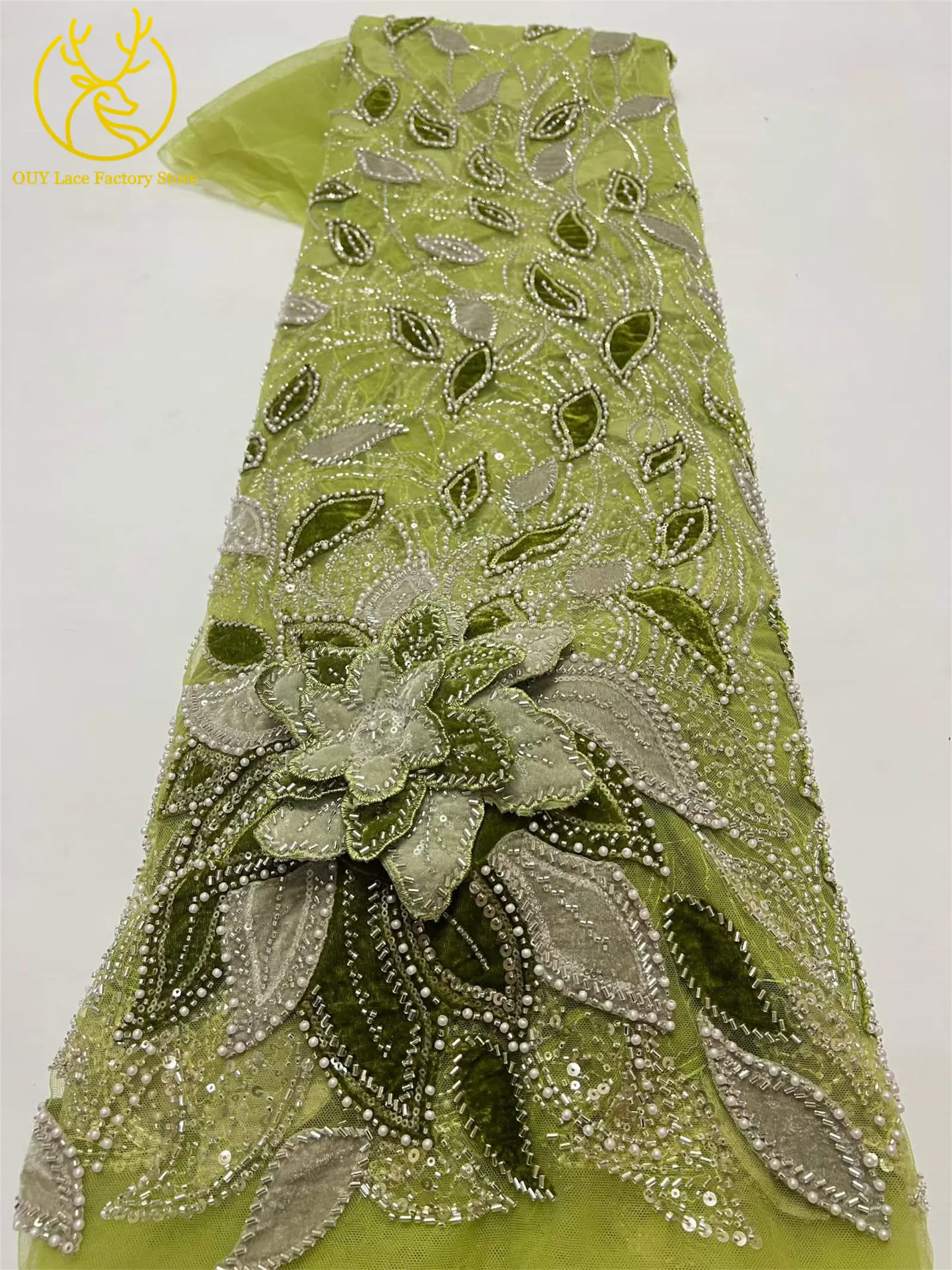 3D-Blumen handgefertigter Perlen-Spitzenstoff, afrikanischer Spitzenstoff, exquisiter nigerianischer Pailletten-Tüll-Spitzenstoff für Hochzeitskleider zum Nähen – Detail 20