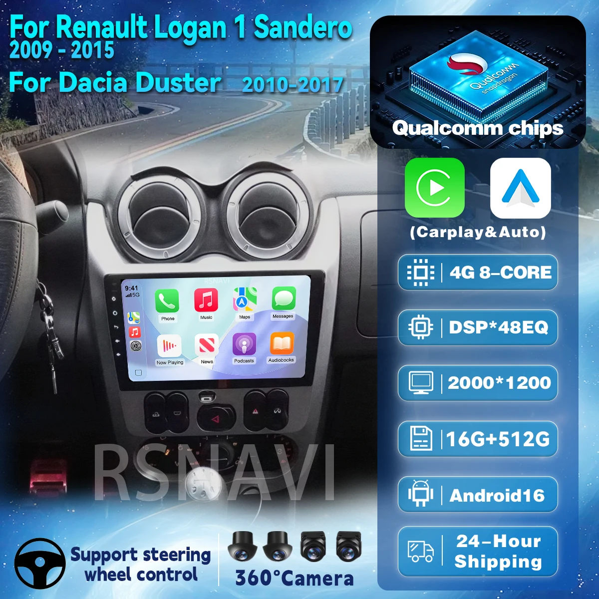 Rádio Multimídia Automotivo Qualcomm Android 16 para Renault Logan 1 Sandero 2009-2015 com Carplay, Auto Estéreo, 4G+WiFi e Unidade Central.
