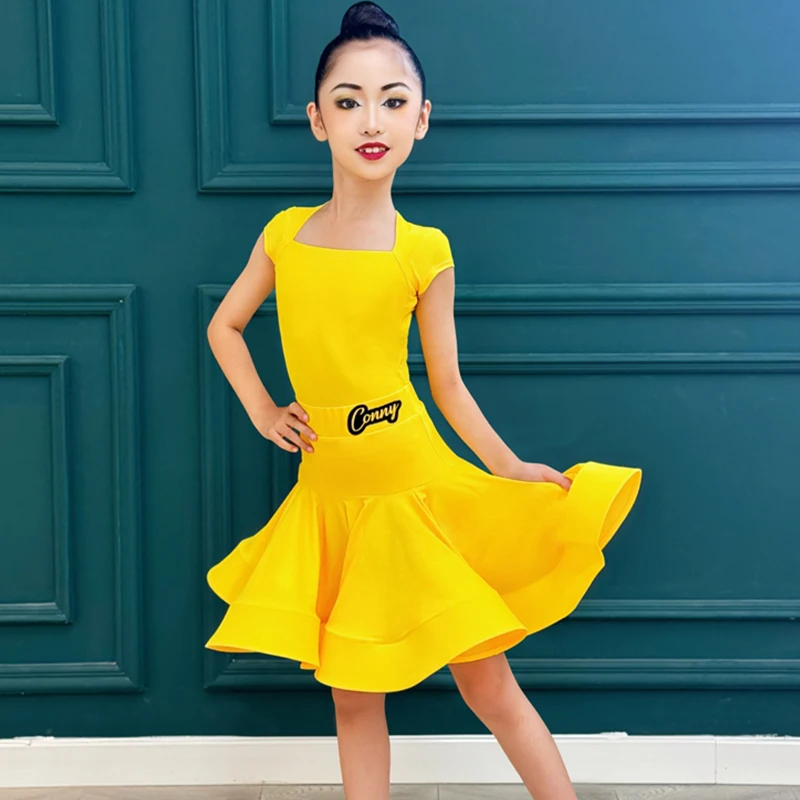 

Yellow Latin Professional Competition Suit Samba Dress Ruffled Skirt Rumba Stage Performance Costume Girls Dancer Practice Wear