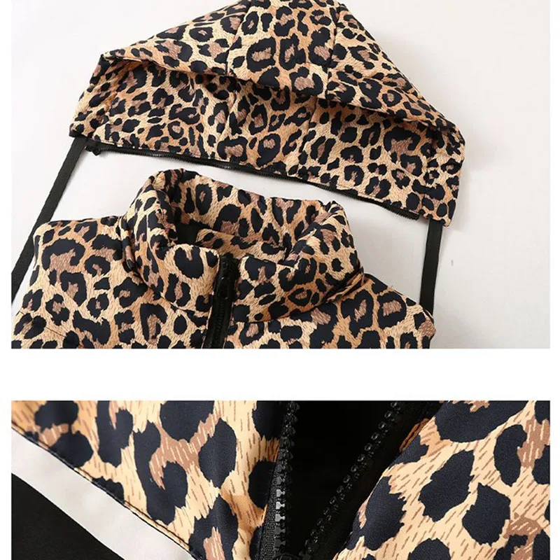 المألوف أسفل ليوبارد طباعة سترة 2025 جديد الخريف الشتاء سميكة الدافئة العصرية سترة غير رسمية مع مقنعين المرأة صدرية H500