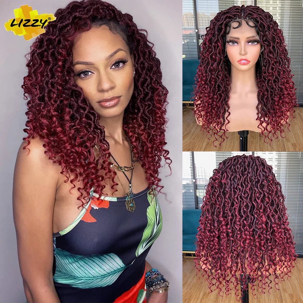 Black Faux Locs Braided Wigs Synthetic Full Double Lace Braided Braid Wig Curly Wavy Wigs for Black Women with Baby Hair