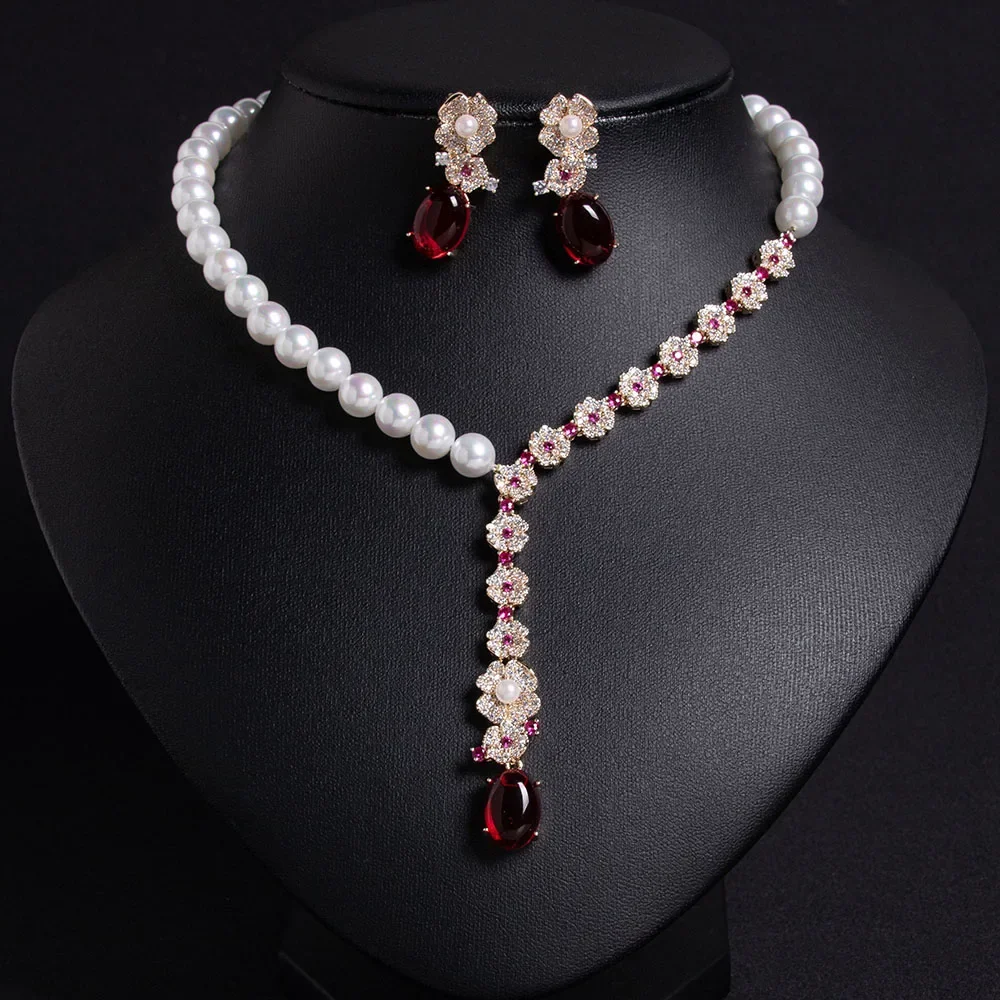 Gorgeous Set Ladies Accessories Flower Pearl Jewellery Necklace Earrings Fire Set 2 Pcs Party Dress Bridal Wedding Gift M-35