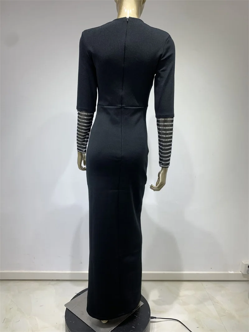 Bandage Women Patchwork Design Prom Dress Long Sleeve V-Neck Party Gown Mid Waist Formal Black One Pace Dress Glamorous In Stock