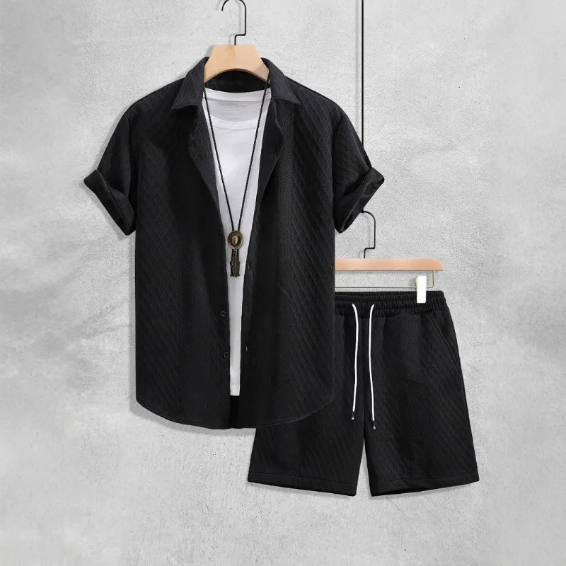 Men's Textured 2 Piece Outfit Short Sleeve Shirt and Drawstring Shorts Set view 5
