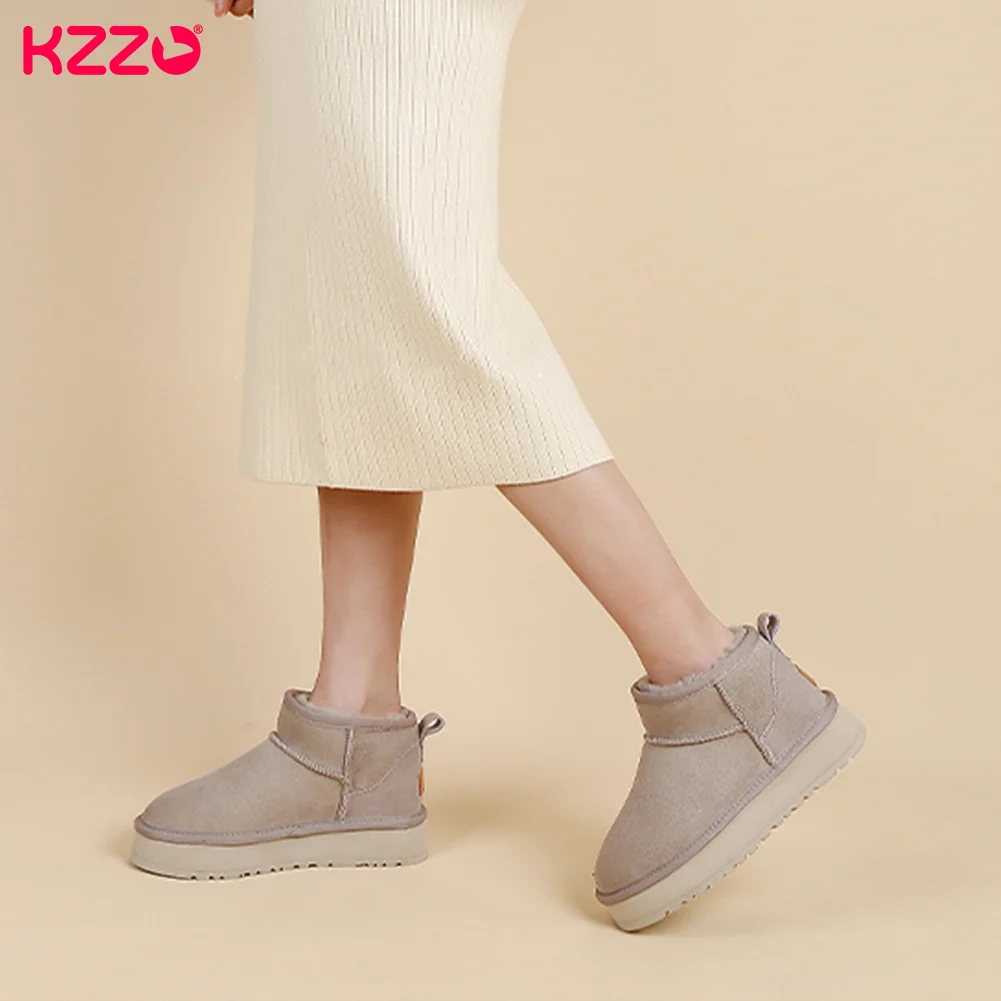 KZZO 2023 Australia Sheepskin Leather Ultra Mini Platform Snow Boots Women Natural Wool Fur Ankle Thick Sole Winter Warm Shoes