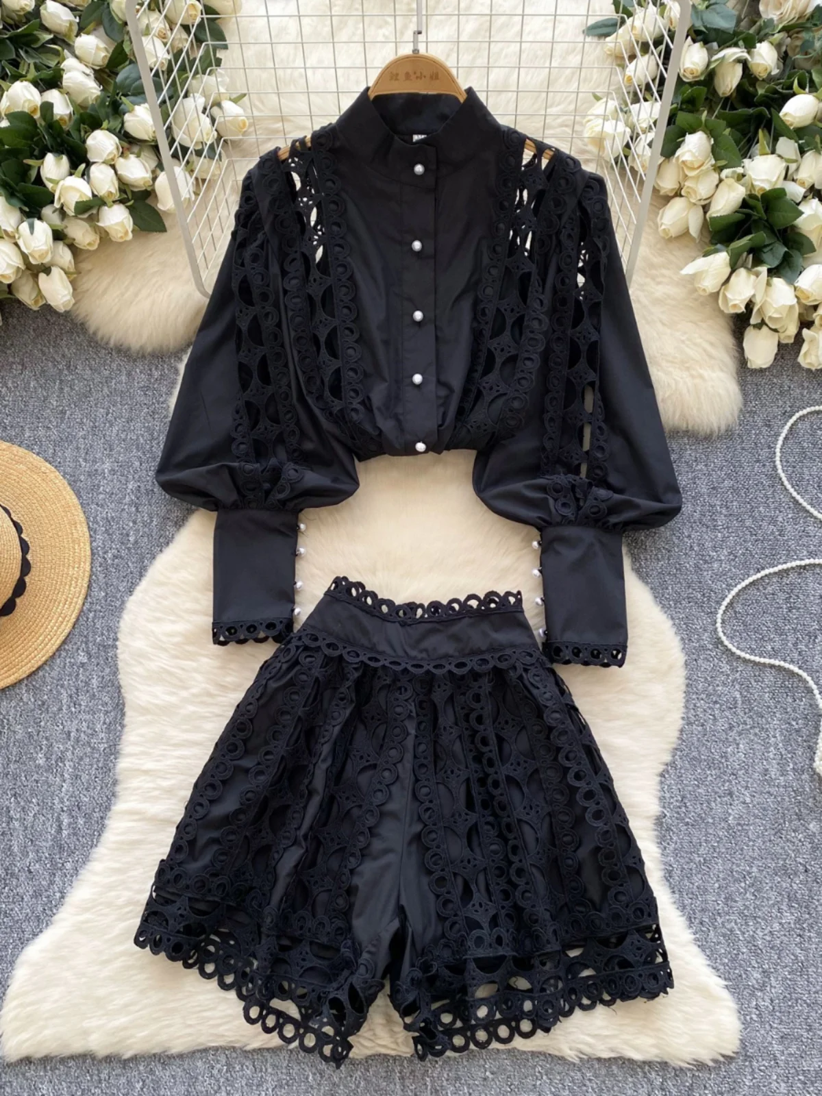 

French Style Office Shirt Top+short Two Piece Set Women Spring Summer Lace Hollow Out And High Waist Shorts 2 Piece Set Outfit