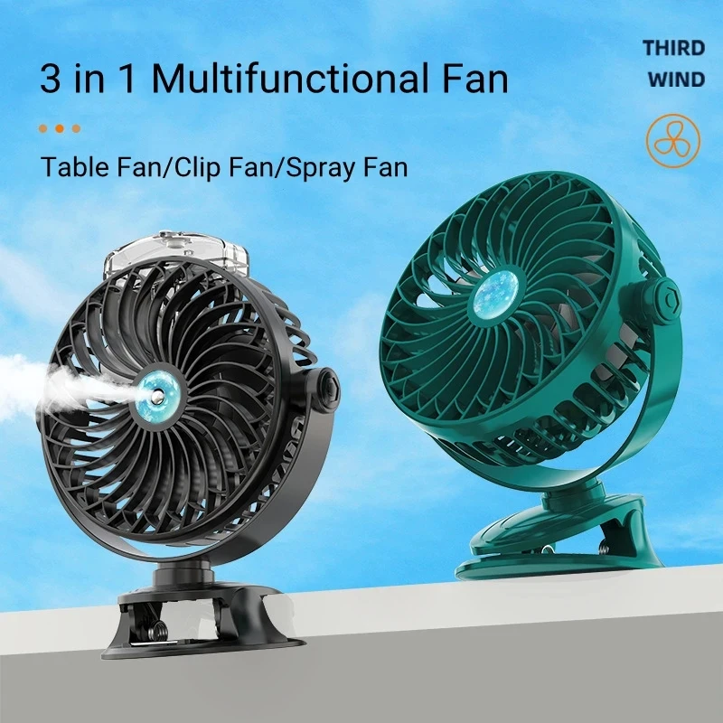 

Mini Portable USB Clip Fan 4000mAh Rechargeable Water Mist Spray Fan 5 Gear Wind 720° Rotary Electric Air Cooling Ventilator Fan