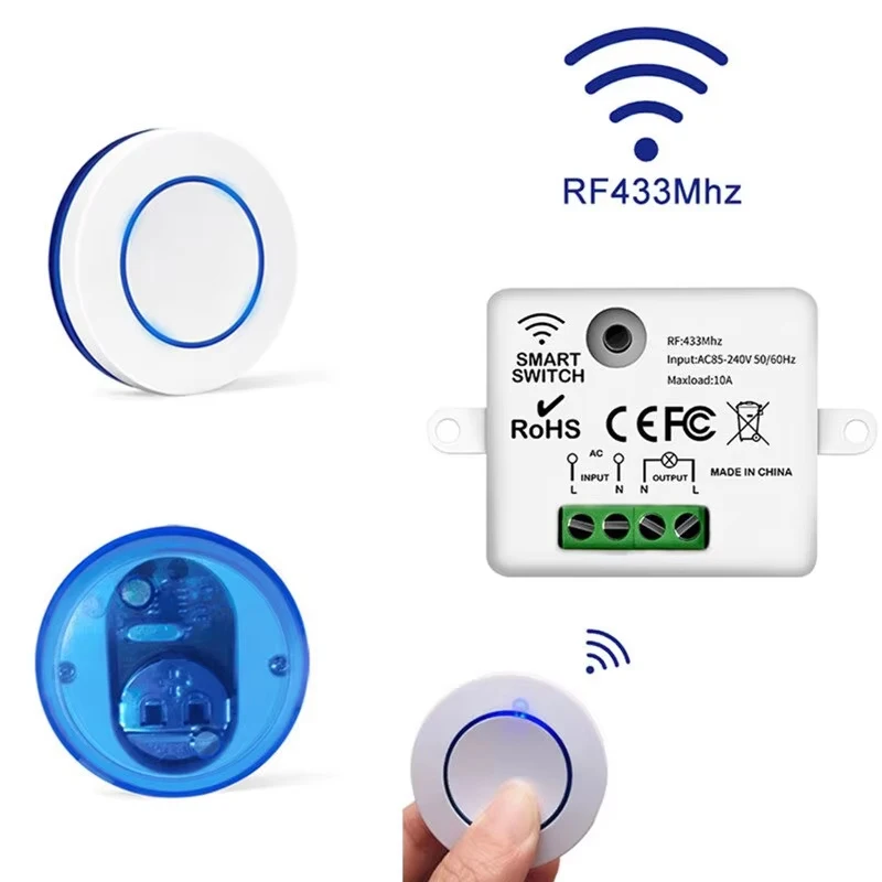 Mini Switch Remote Control Relay Receiver Module Transmitter RF 433Mhz Light Switch Round 10A Wireless Panel  For Bedroom