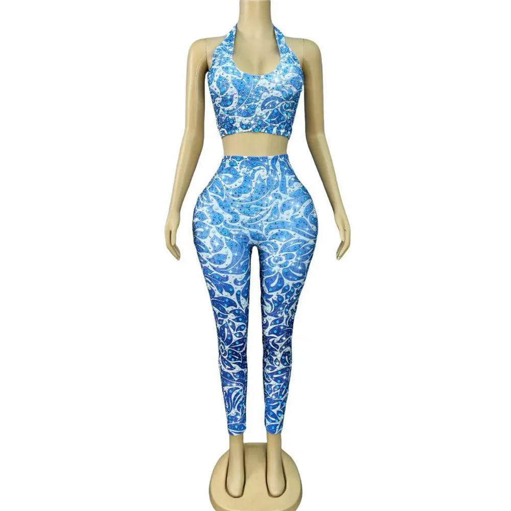 Sexy Shining Rhinestones Pearls Backless Jacket Pants Set Women Party Dance Nightclub Stage Performance Photoshoot Costume