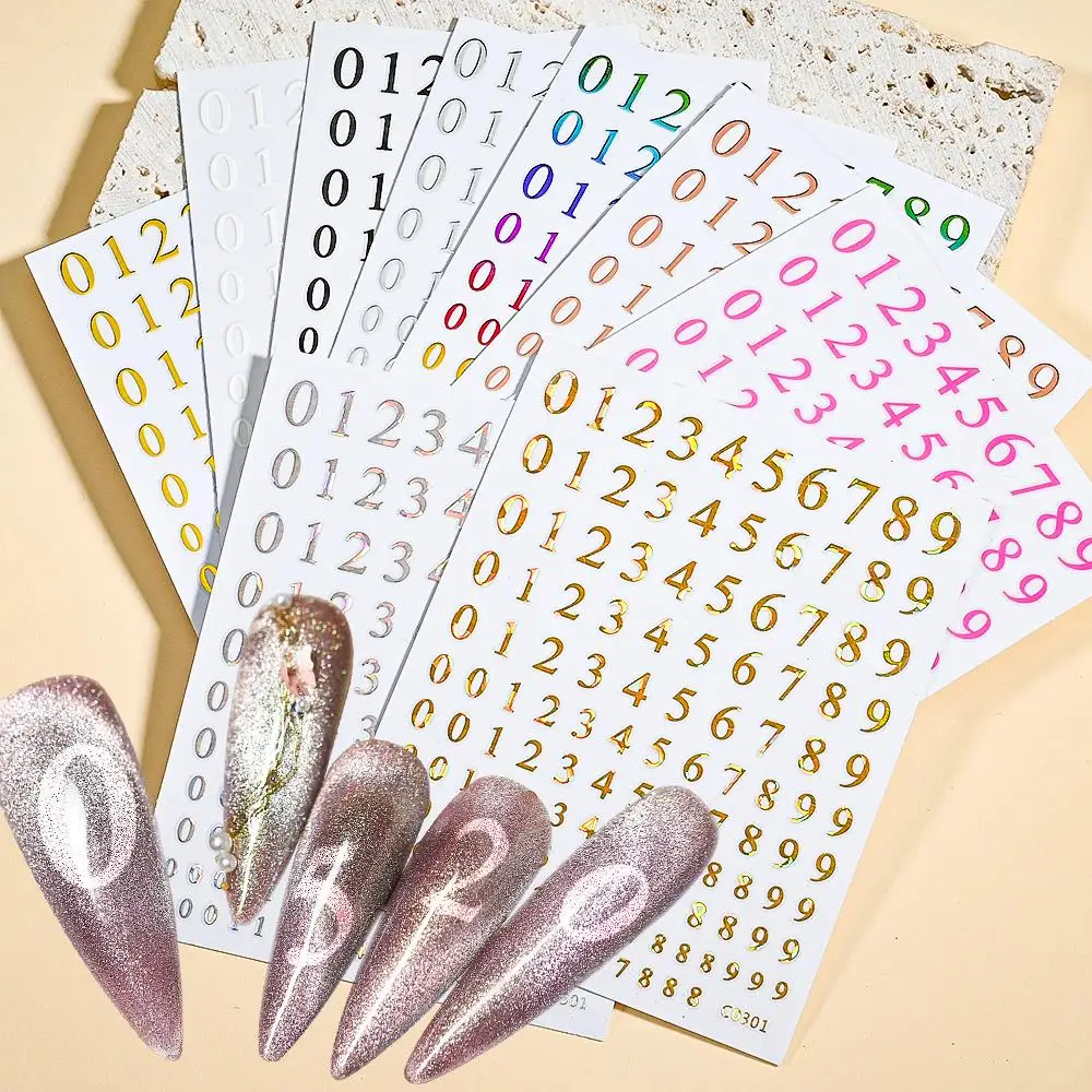 1pc 3D Number Nail Art Stickers 8*10CM Holographic 0-9 Number 3D Nail Decals Gold/Silver Self-Adhesive Numder Manicure Slider %1