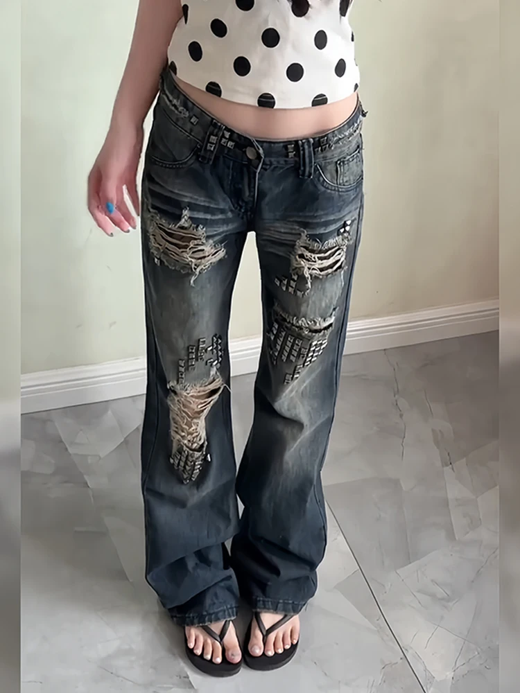 

Retro Distressed American Hot Girl Design Sense Rivet Splicing Jeans Women's Summer High Waist Skinny Jeans Versatile Floor-l...