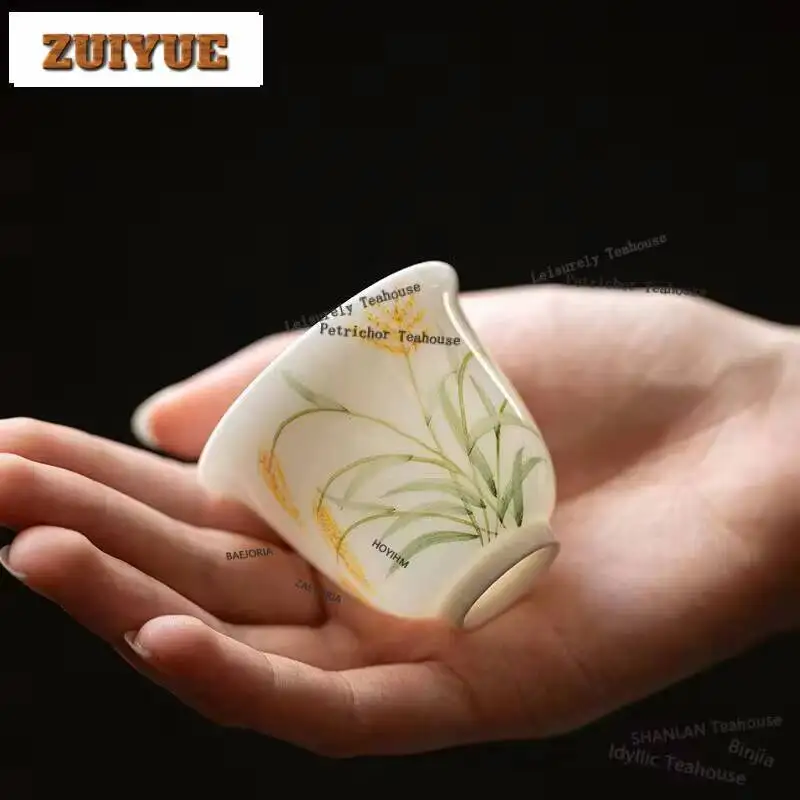 85ml Hand-painted Gold Wheat Ear Tea Cup  Handmade Thin Tire Master Cup White Porcelain Japanese Fragrance Gathering Cups Cha