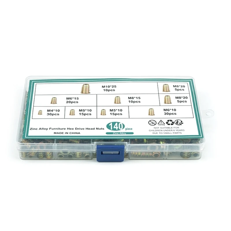 Set of 140 Zinc Screw Nut Reliable Solution Easy to Use Threaded Inserts with Storage Box for Wood Furniture DropShipping