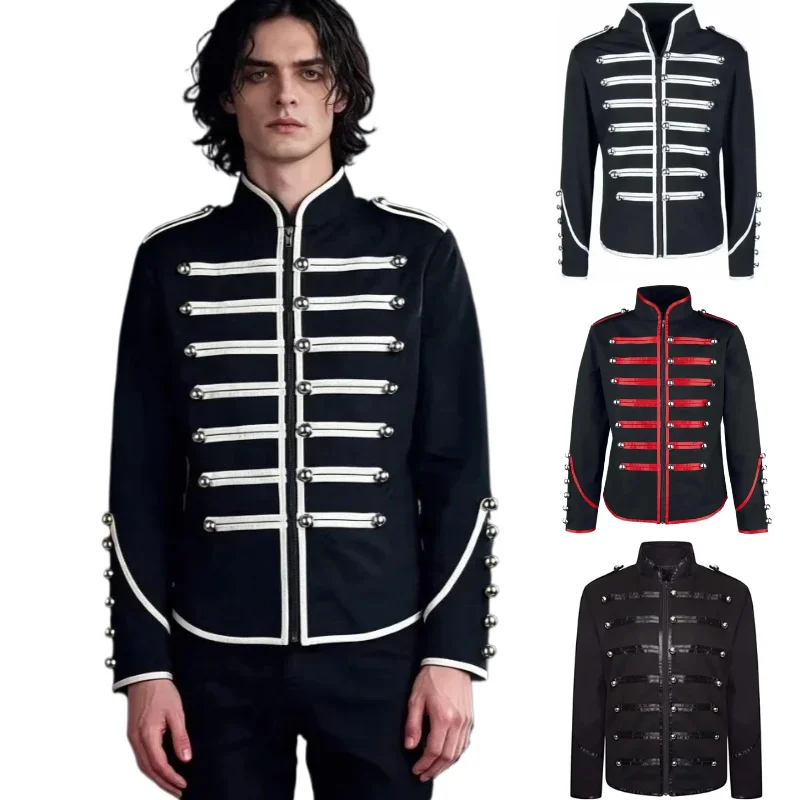 Men Retro Gothic Steampunk Punk Band Parade Jacket, Stand‑Collar Decorative Strap Loose‑Fit Stage Performance Outerwear