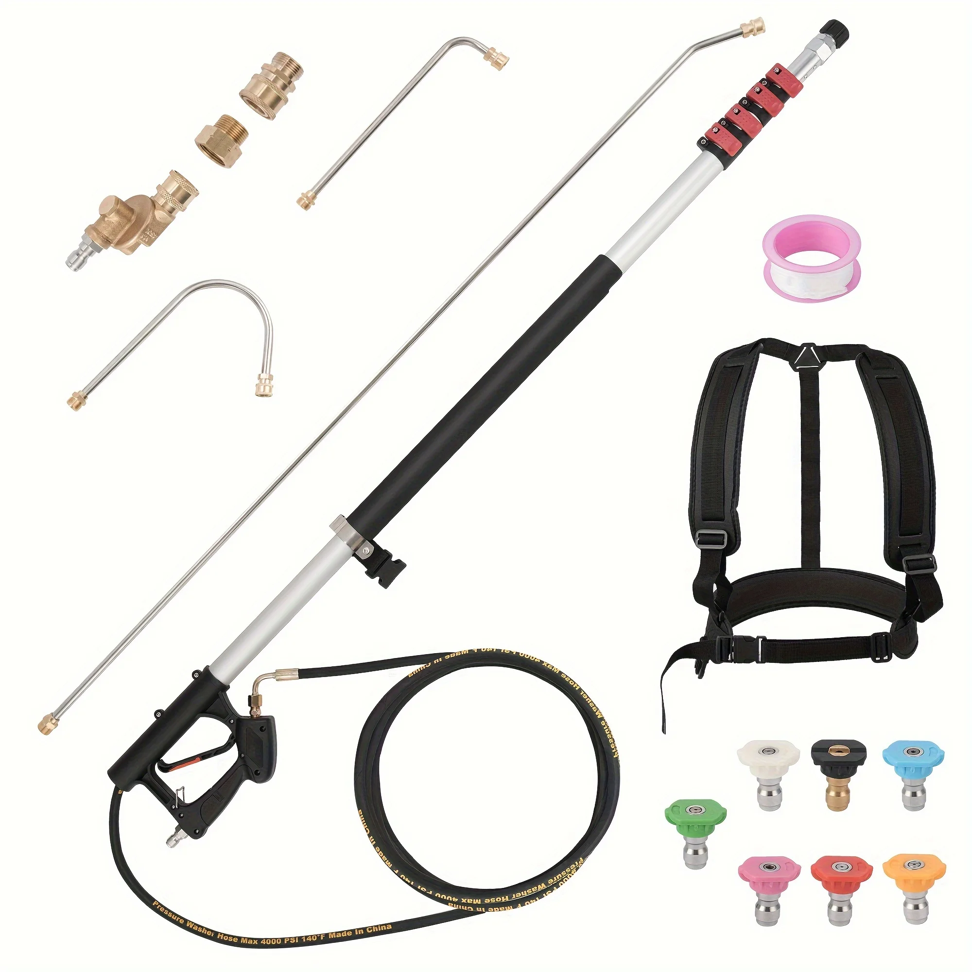 

5-Stage Power Washer，1 Piece Rengue 24ft Telescopic Pressure Washer Extension Pole, with 3 Nozzles, 7 Spray Patterns
