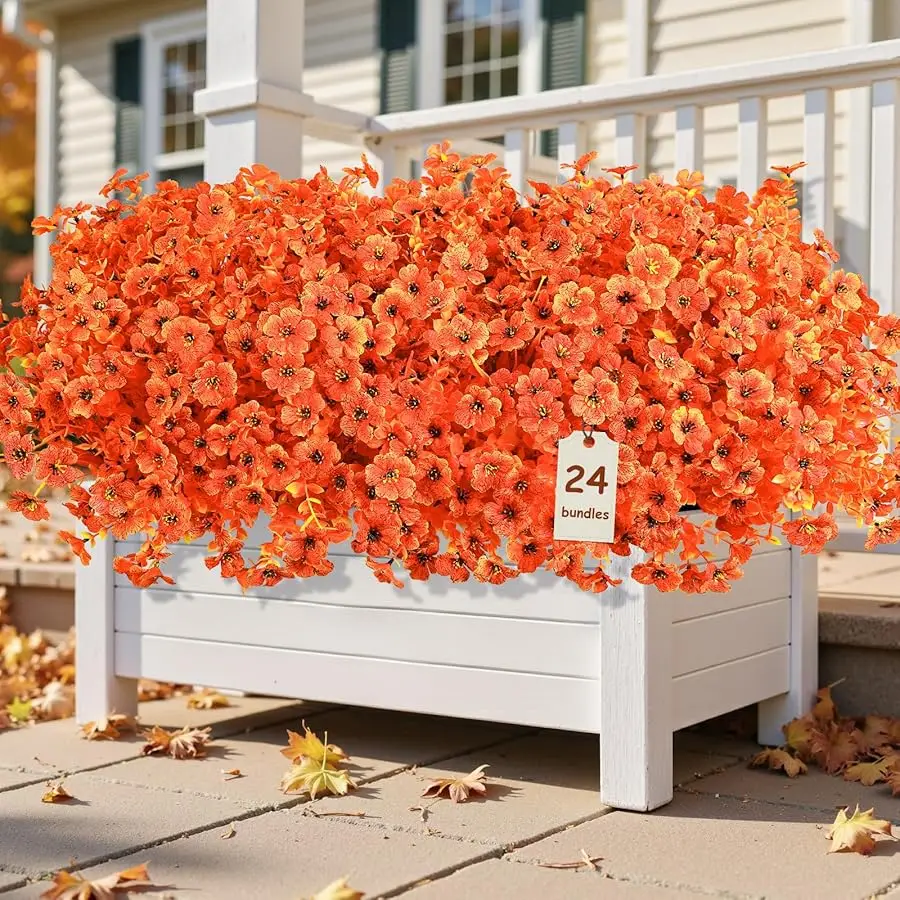 

24 Bundles Artificial Fall Mums Flowers for Outdoors Decoration, UV Resistant Silk Violet and Faux Eucalyptus Autumn Fake Plants