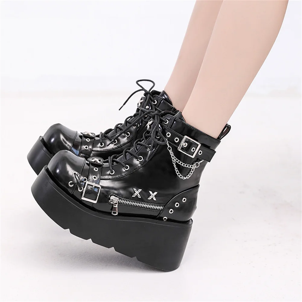 Brand New Ladies Goth Platform Ankle Boots Fashion Buckle Zip Rivet Punk Wedges High Heels Womens Boots Party Street Woman Shoes view 4