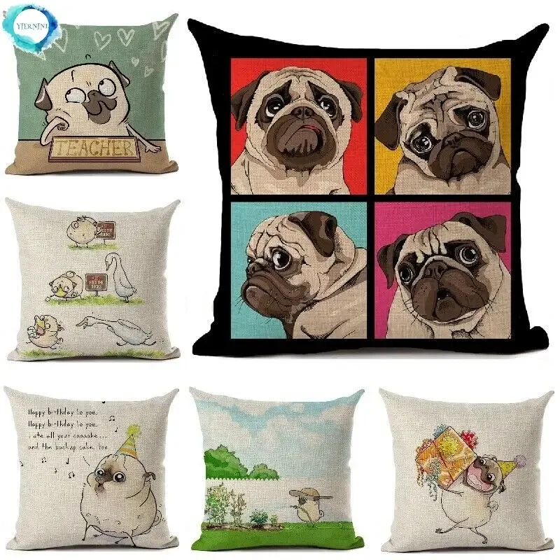 

Pugs Cushion Cover Cartoon Funny Dog Pattern Linen Pillow Cover Sofa Accessories