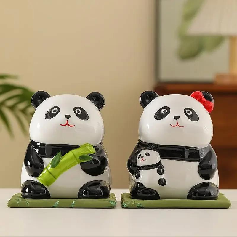 4 Inch Ceramic Panda Ornament Lucky Panda Figurine Workspace Decoration Money Box with Placemat Animal Statue