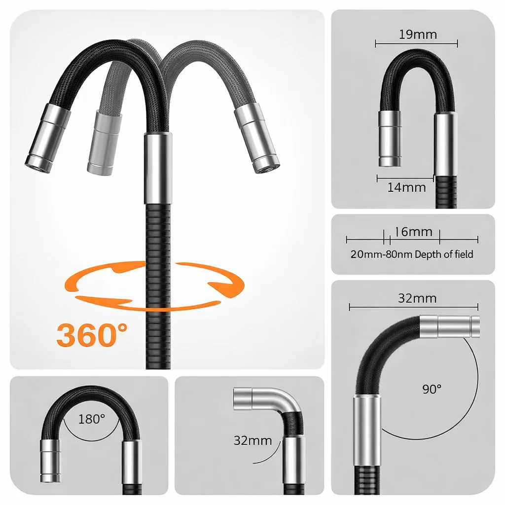 New Steering Endoscope 3.9/6.0mm Borescope 720°  5 Inch LCD 1/2/3m Wire Length for Engine Sewer Inspection Industrial Endoscope