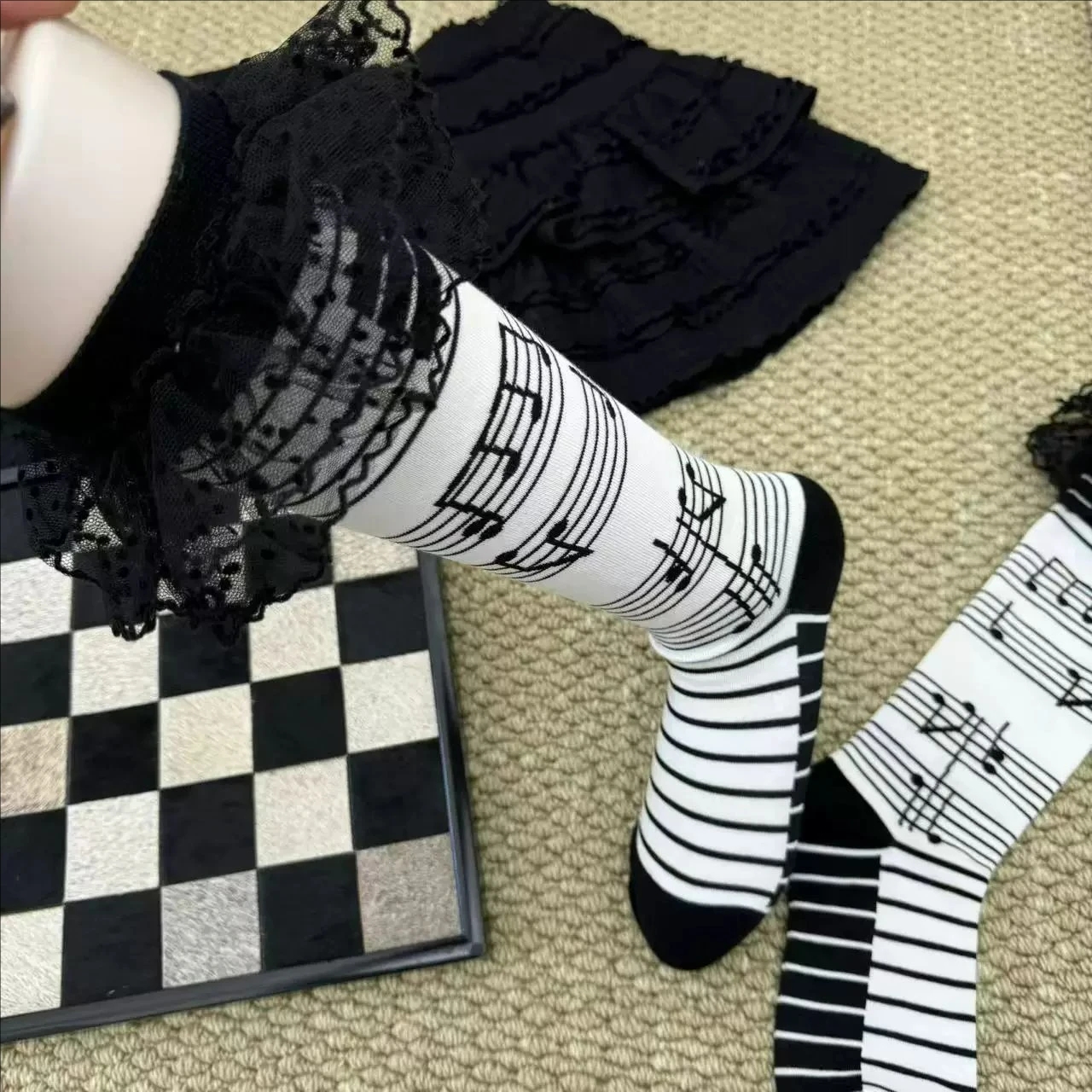 Japanese Y2K Girl Subculture Black Lace Ruffle Long Socks Music Note Tiered Lolita Vintage Stockings Gothic Mid-Calf Stocking image 6