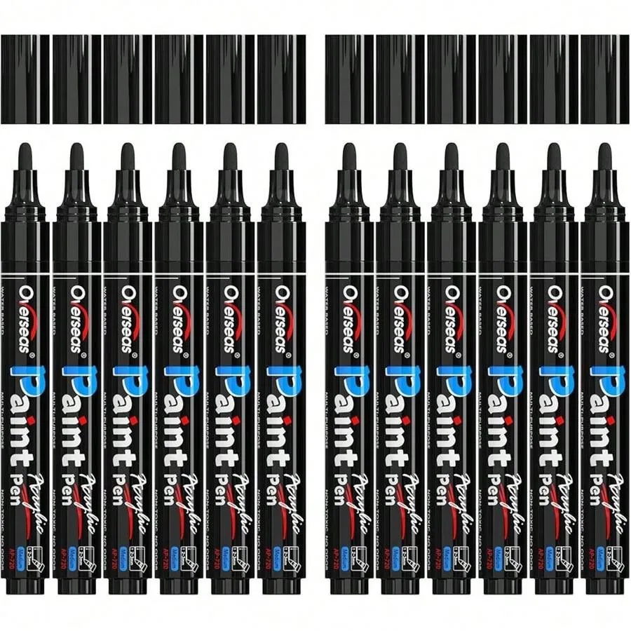 

Overseas Black Paint Pens Paint Markers - Permanent Acrylic Markers 12 Pack, Water-Based, Quick Dry, Waterproof Marker Pen For