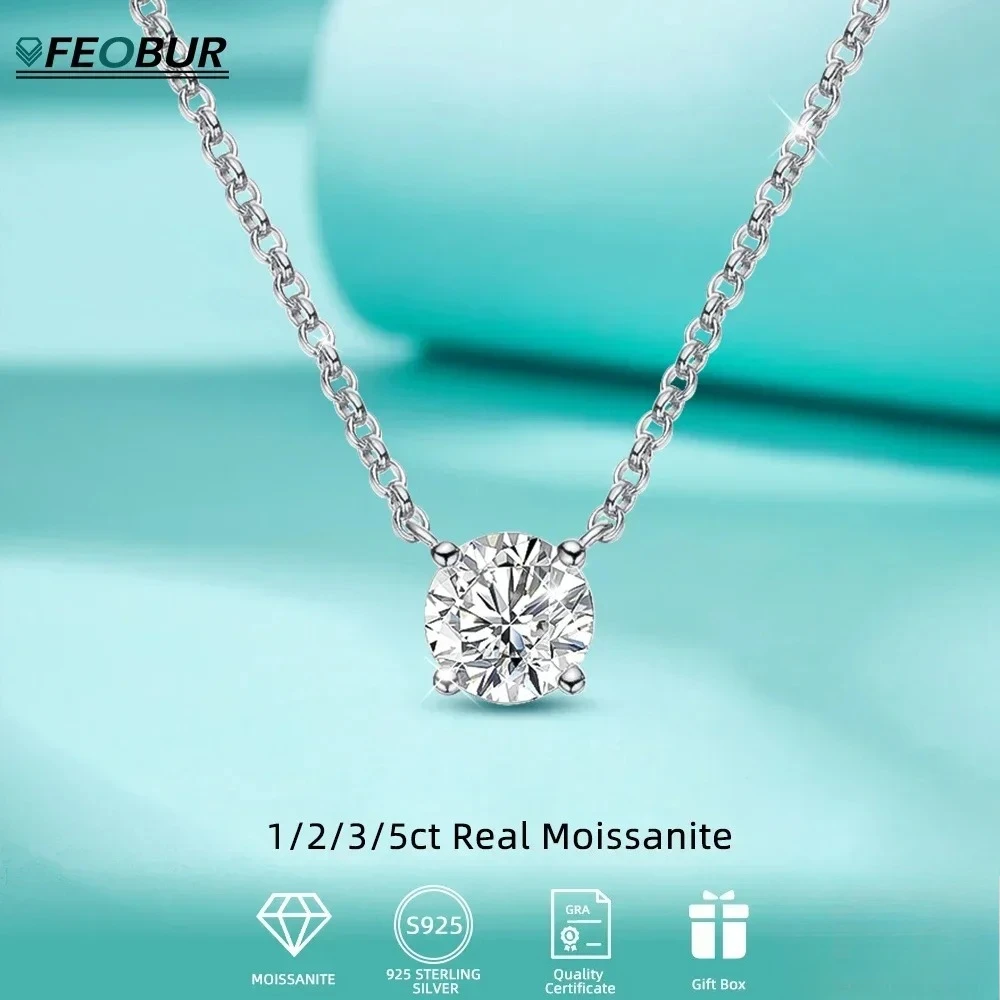 

FEOBUR 1/3/5/10ct Round Moissanite Pendant Necklace for Women 925 Sterling Silver Classic Diamond Clavicle Neck Chain Party Gift