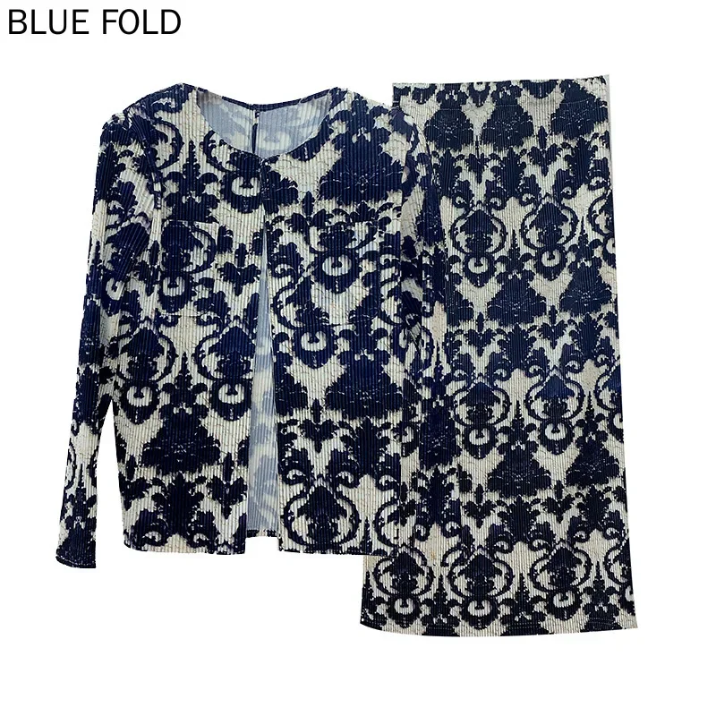 MIYAKE PLEATS Inverno Nuovo Cappotto stampato + Gonna a pieghe Abito sciolto Gonna dritta a pieghe di grandi dimensioni Set di due pezzi Set di gonne
