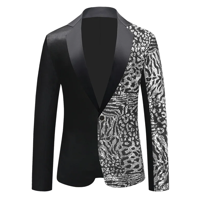 

Men's Leopard Sequins Blazer Singer Bar Stage Single Button Shawl Collar Banquet Party Evening Performance Tuxedo Suit Jackets