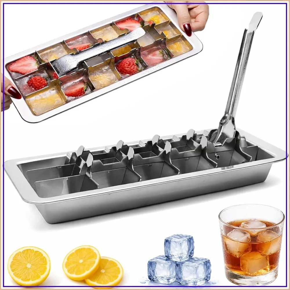 

Stainless Steel Ice Cube Trays with Lever for Large Cubes, Vintage Design for Kitchen & Bar