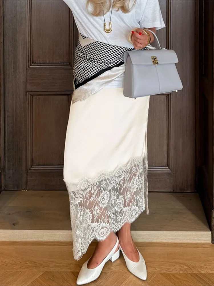 Autumn And Winter High-end Fashion Lace Stitching Side Split Skirt Women's Temperament Elegant Commuting Casual Long Skirt