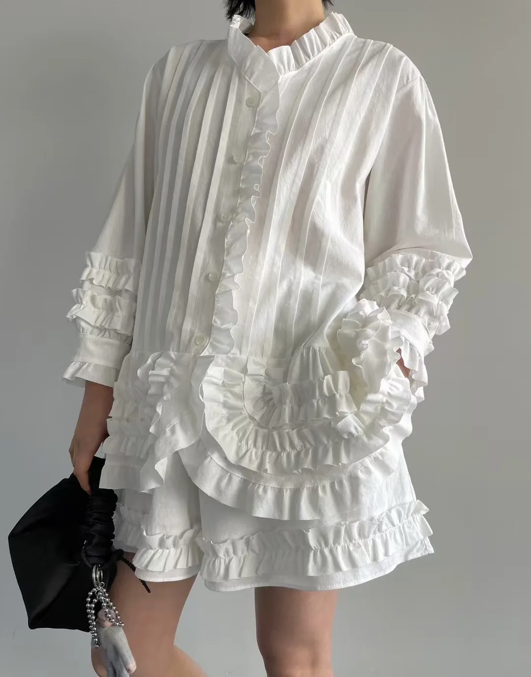 

Women's Spring Summer Korean Style Two Pieces Shorts Set Lady Ruffles Stand Collar Long Sleeve Loose Shirt + Wide Leg Shorts