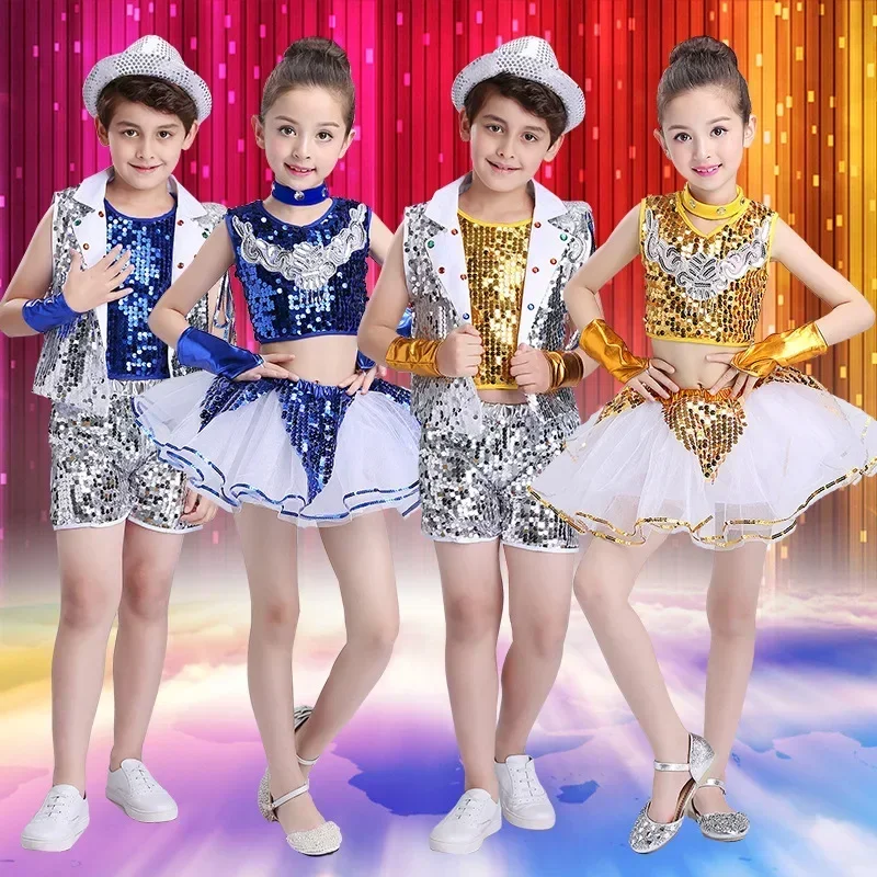 Girls Sequined Jazz Dance Costumes 2024 New Children\'s Jazz Dance Costumes Boys Modern Dance Street Dance Costumes