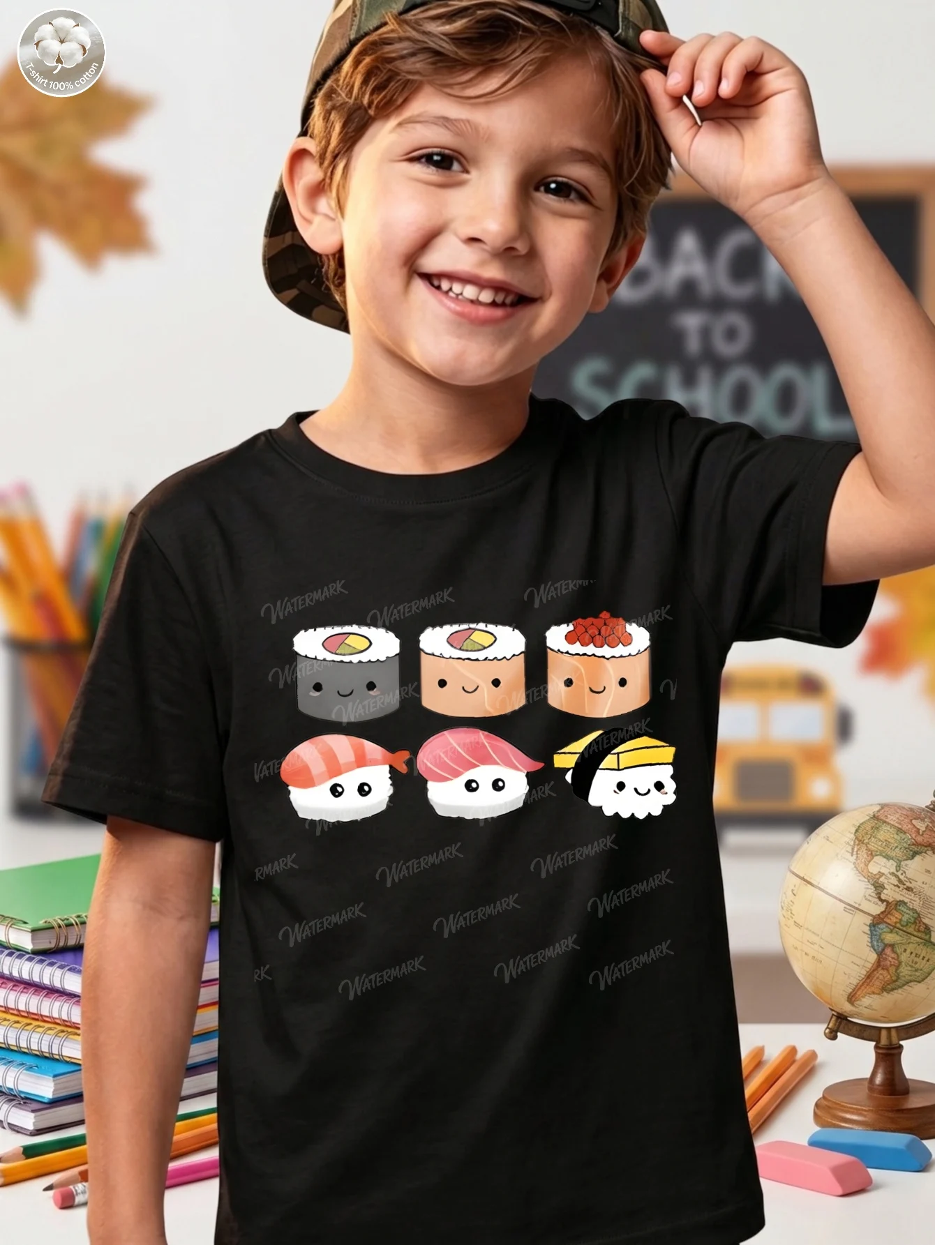 Cute Kawaii Assorted Sushi Characters Print T Shirt Boys Girls Japanese Food Short Sleeve Tee Family Matching Kids Cotton Tops