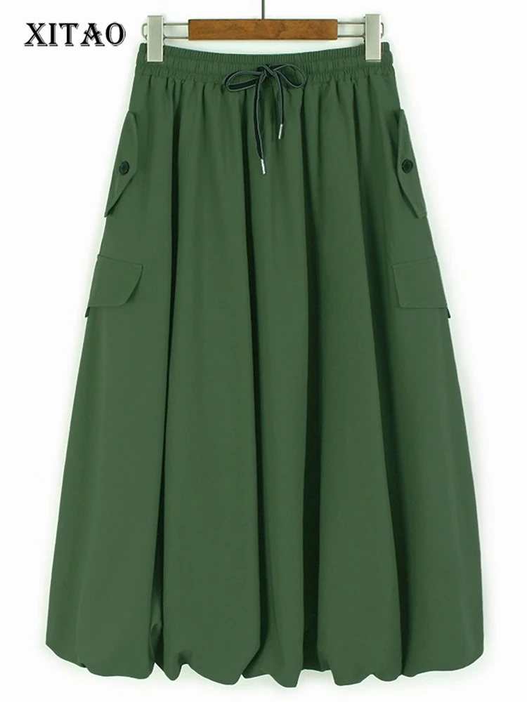 

XITAO Pocket Pleated Drawstring Skirts Solid Color Button A-line Loose Casual Personality Slimming Summer Woman Skirts ZMY1301