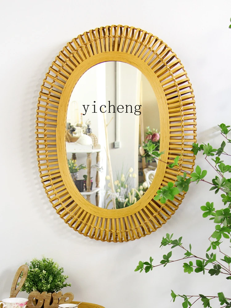 ZK Pastoral Style Grass Woven Decorative Mirror Cosmetic Mirror Bedroom Bathroom Wall Hanging round Mirror