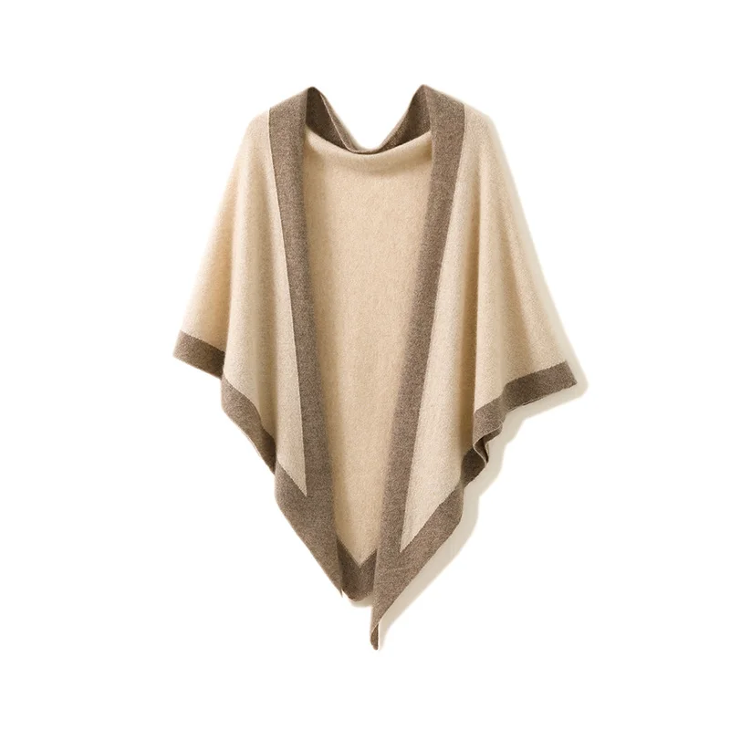 100% Pure Cashmere Women's Triangular Scarf Knitted Warm Outerwear Anti-Cold Large Shoulder Wrap Color Block Design